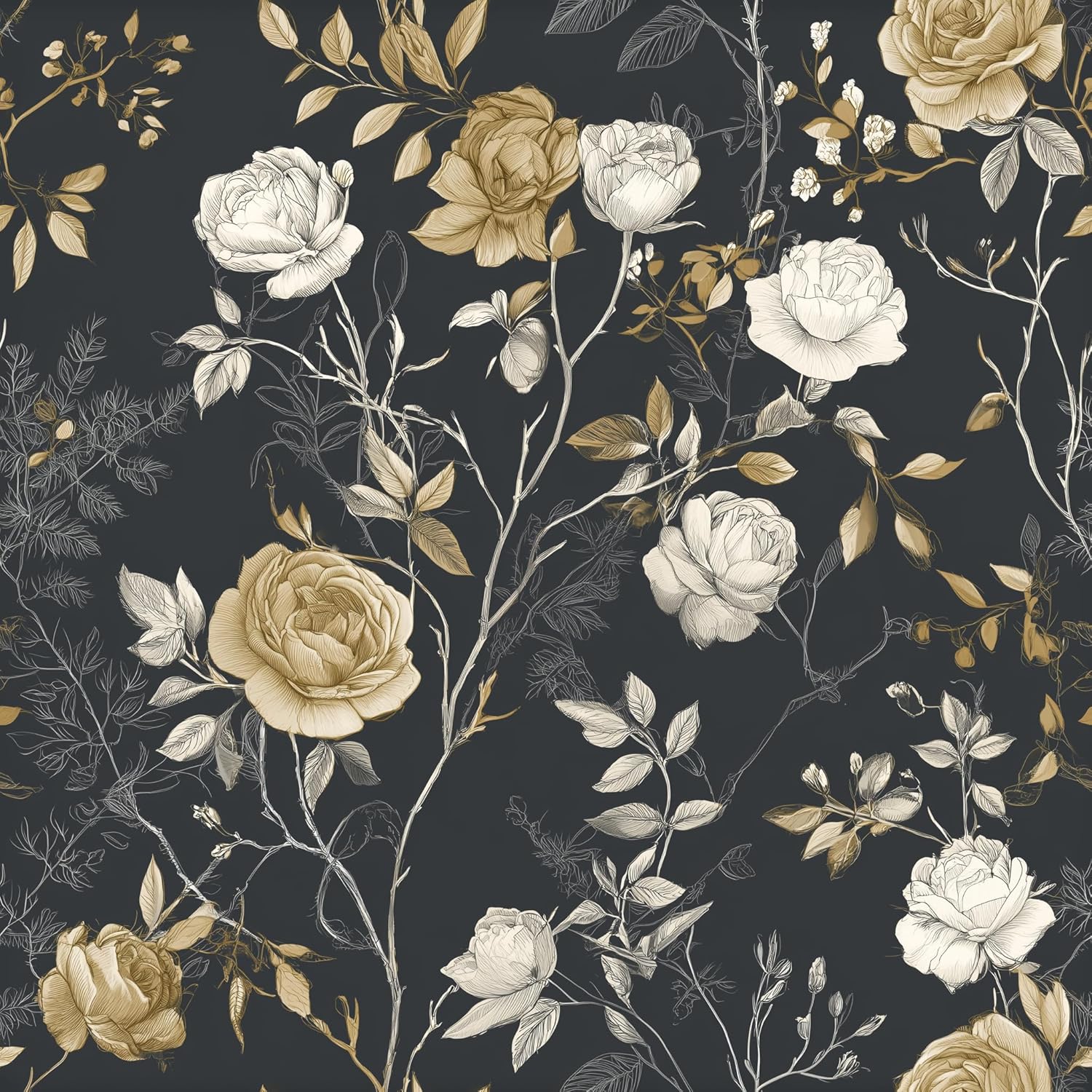 Vintage Hand-Drawn Rose Wallpaper Peel and Stick Removable 17.7" x 236.22" Delicate Leaf Twigs Botanical Wall Paper Self Adhesive for Classroom Bedroom Laundry Room Bathroom