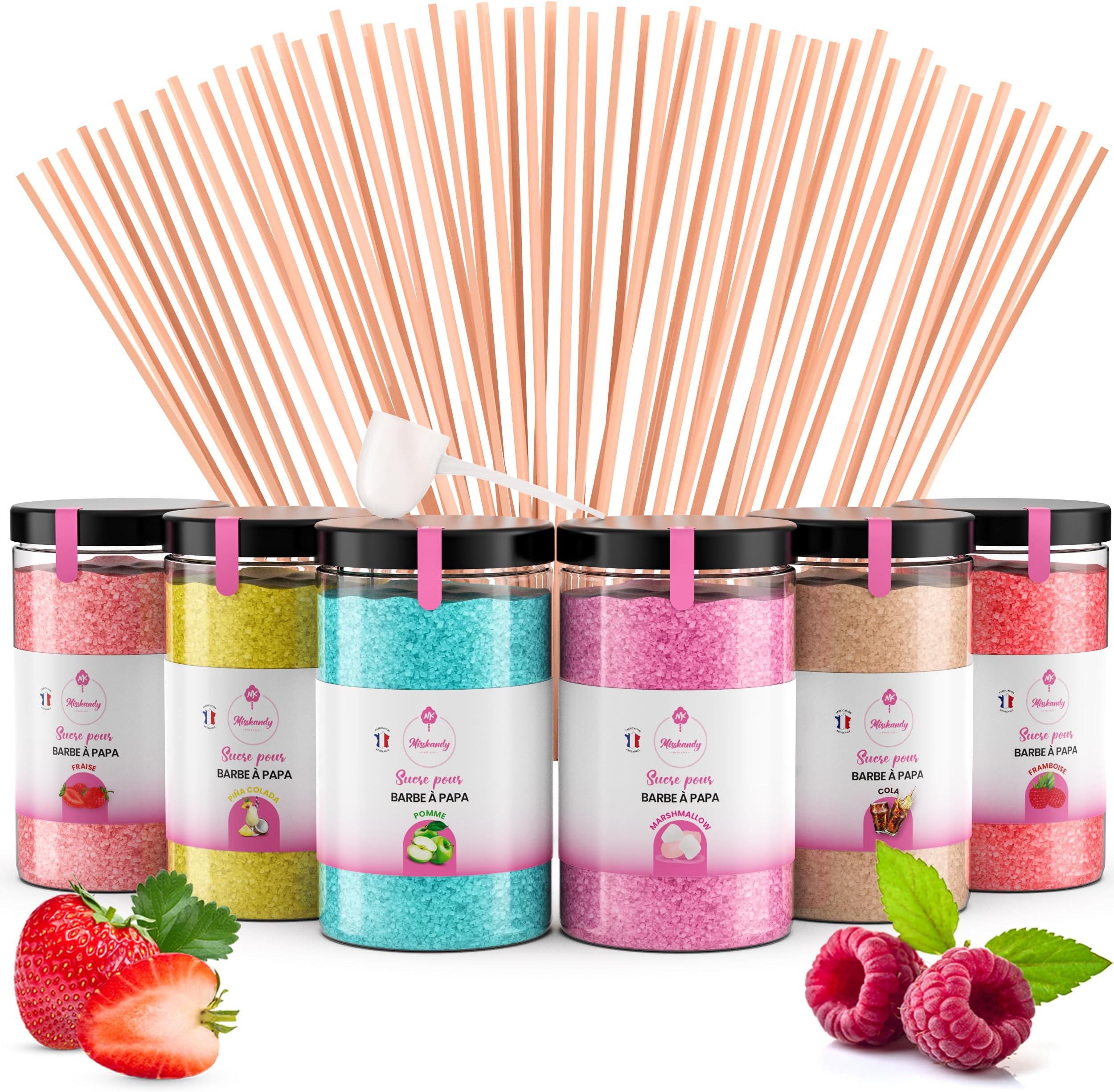 – Misskandy®-Candy Floss Sugar Pack (6 * 300g) (Strawberry, Pina colada, Marshmallow, Raspberry, cola, apple) Use in Cotton Candy Maker + 50 Sticks of 30 cm (free)