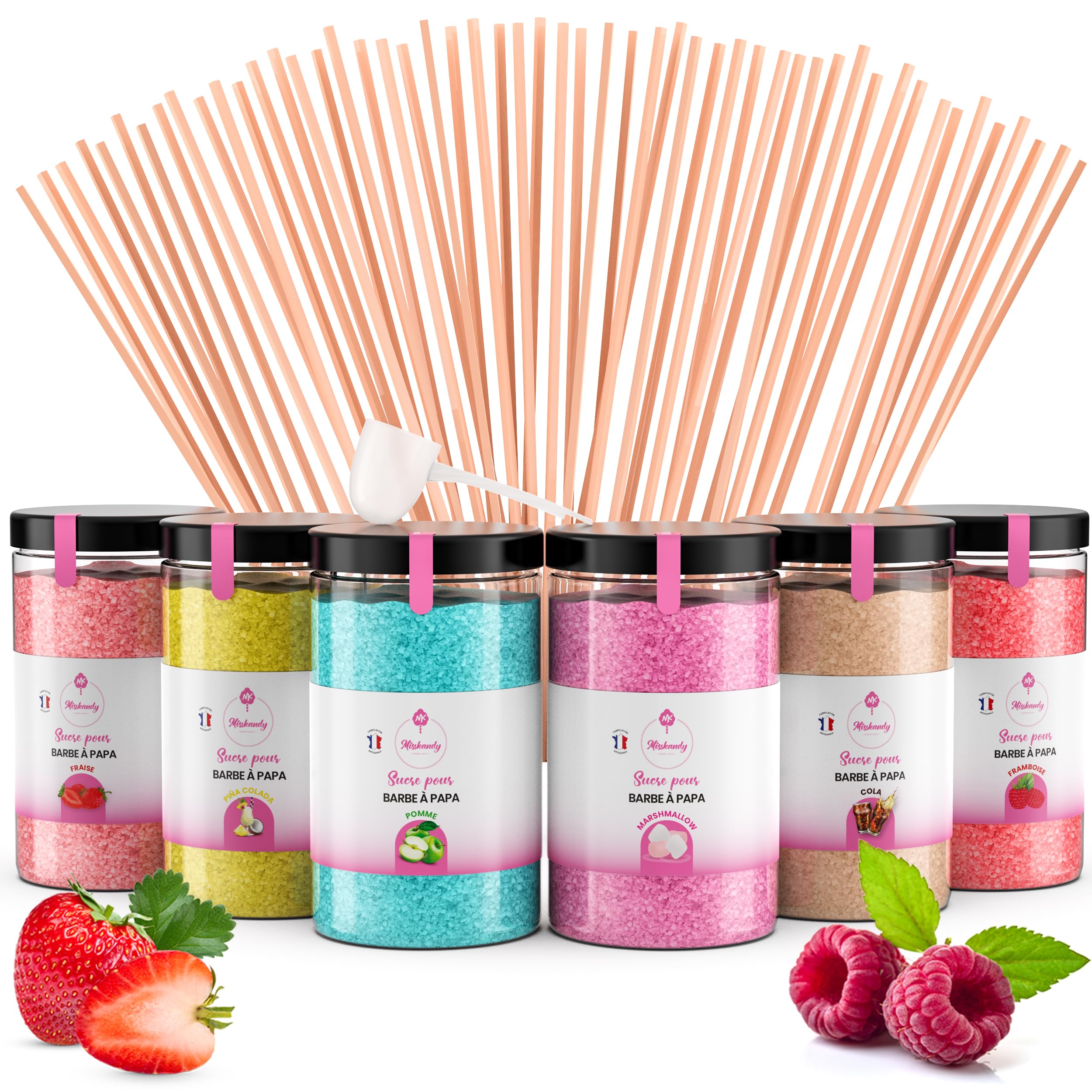 Misskandy,azucar para algodon de azucar/para máquina 1,8 kg (6 * 300g)/sabores: fresa, manzana, malvavisco, cola, frambuesa, piña colada, + 50 palos (30 cm) (ofrecido)