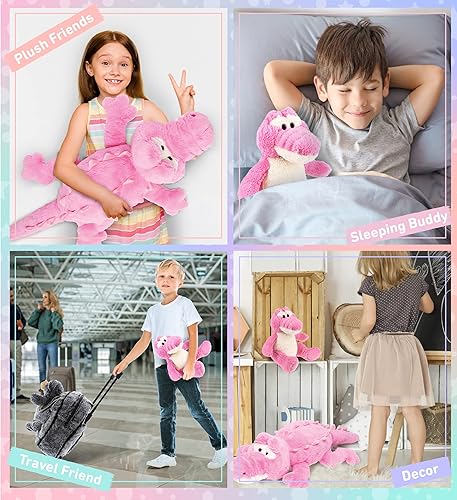 Miniatura 4 de DolliBu Animales de peluche de cocodrilo rosa  Piel suave abrazable rosa XL cocodrilo y cocodrilo rosa sentado adorables juguetes de peluche,