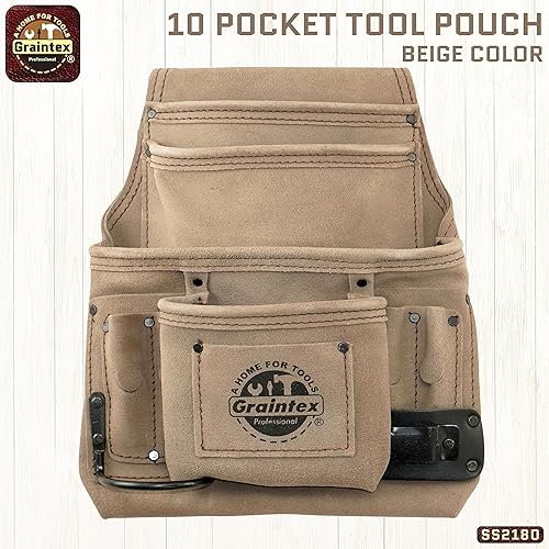 Miniatura 2 de Graintex 10 Pocket Nail & Tool Pouch, Suede Leather Tool Bag, Tool Belt for Constructors, Electricians, Handymen, HVAC Tools, Professional Organizer