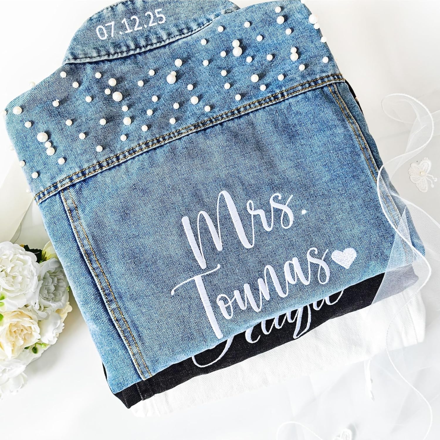 Personalized Embroidered Bride Denim Jacket, Future Mrs Jean Jacket With Pearls, Wedding gifts for Bride - Image 3