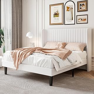 SHACERLIN Full Size Velvet Bed Frame with Tufted Wingback Headboard, Upholstered Platform No Box Spring Needed, Easy Assembly, White 800lbs