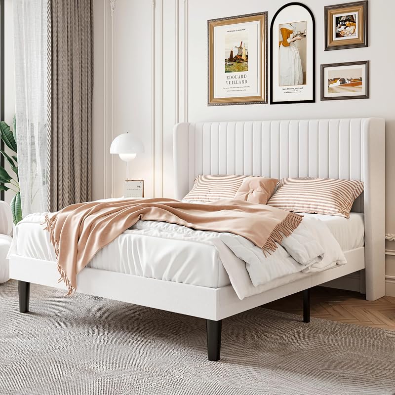SHA CERLIN Estructura de cama de terciopelo de tamaño completo, cabecera con respaldo capitoné, blanco | Cabecero de canal vertical moderno de 47 pulgadas, plataforma tapizada, listones de madera, no necesita somier, fácil montaje, sin ruido