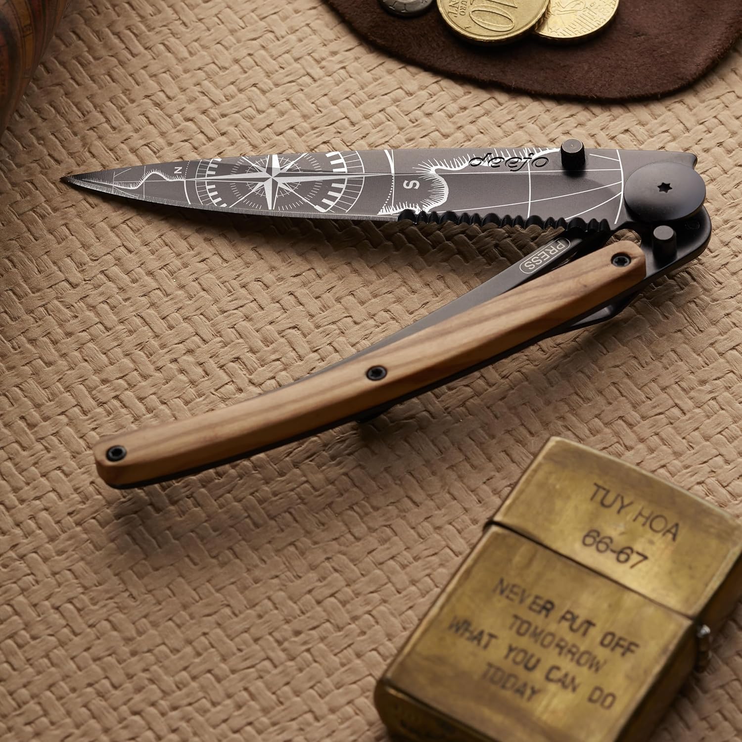 deejo - 37G Serrated Folding Pocket Knife with Belt Clip - Terra Incognita Design, 3.7-Inch Stainless Steel Blade, Black Titanium Finish, Coral Handle - Lightweight EDC for Home, Work, Outdoor Use