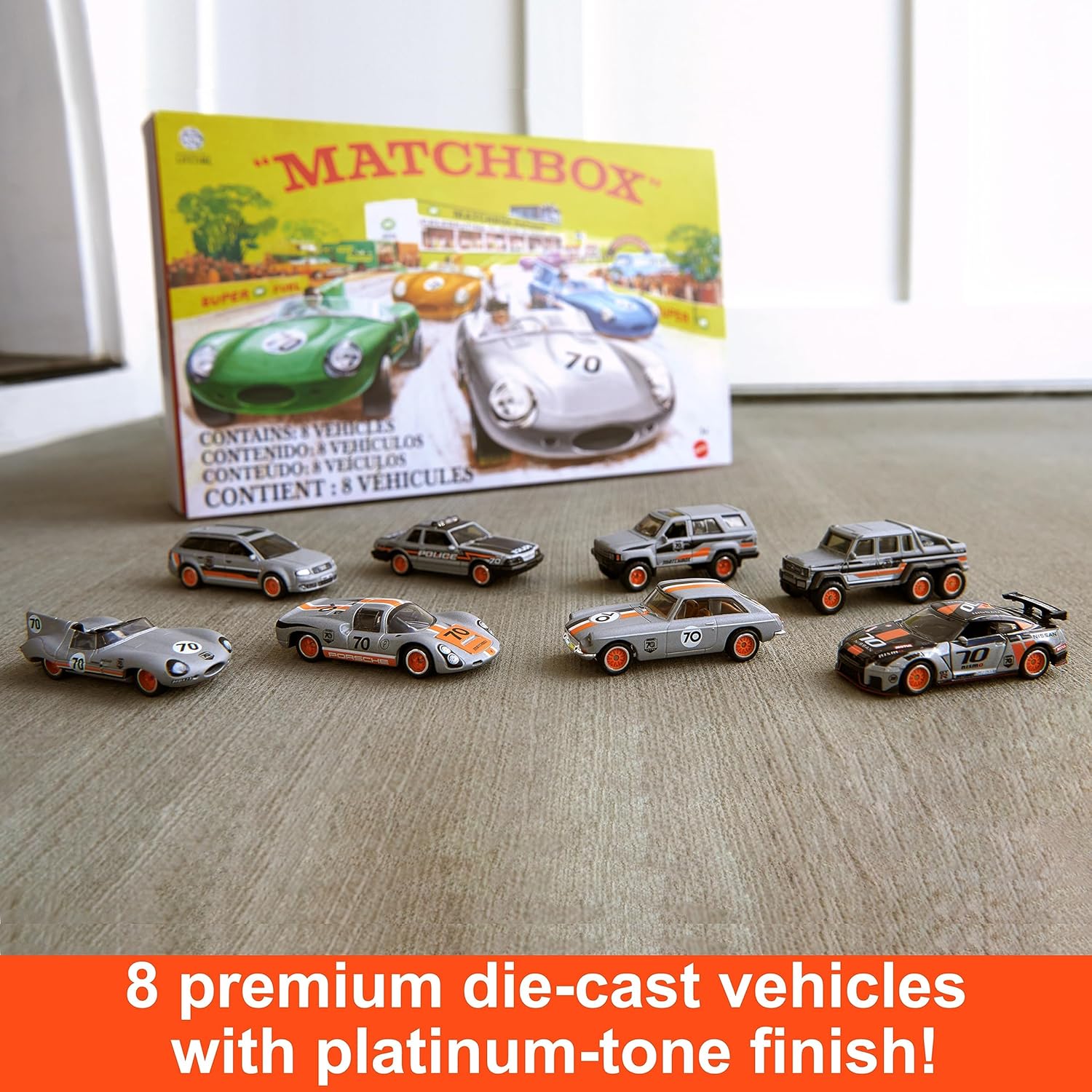 Matchbox Cars, Set of 8 Die-Cast Cars in 1:64 Scale with Premium Decos Including 1 Exclusive Vehicle, True Grip Tires, Platinum-Tone Finish, For Collectors