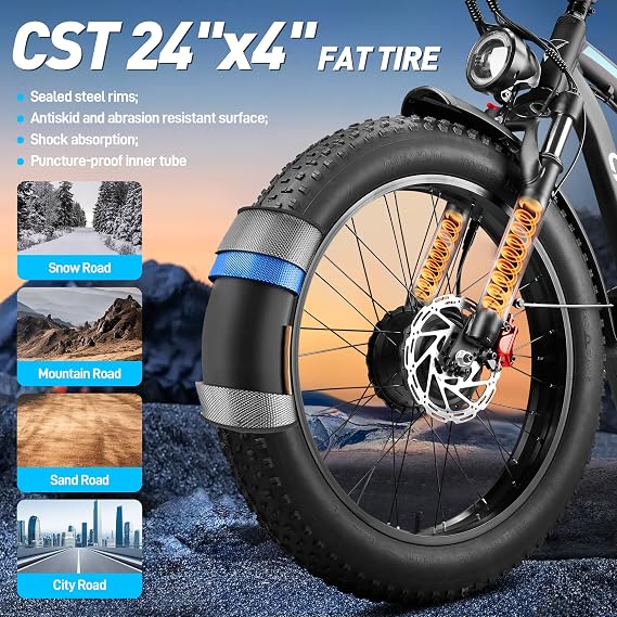 Peak 9000W Dual Motor Ebike, 49MPH Electric Bike for Adults with Hydraulic Disc Brake, 58V 36AH Detachable Battery, Up to 105Miles, 24Inch Fat Tire Electric Bicycle for Snow Off-Road Commuter Mountain