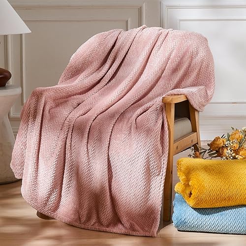 NEWCOSPLAY Manta súper suave de franela sedosa de alta calidad, con patrón de hojas, ligera, para uso en todas las estaciones (rosa polvoriento,