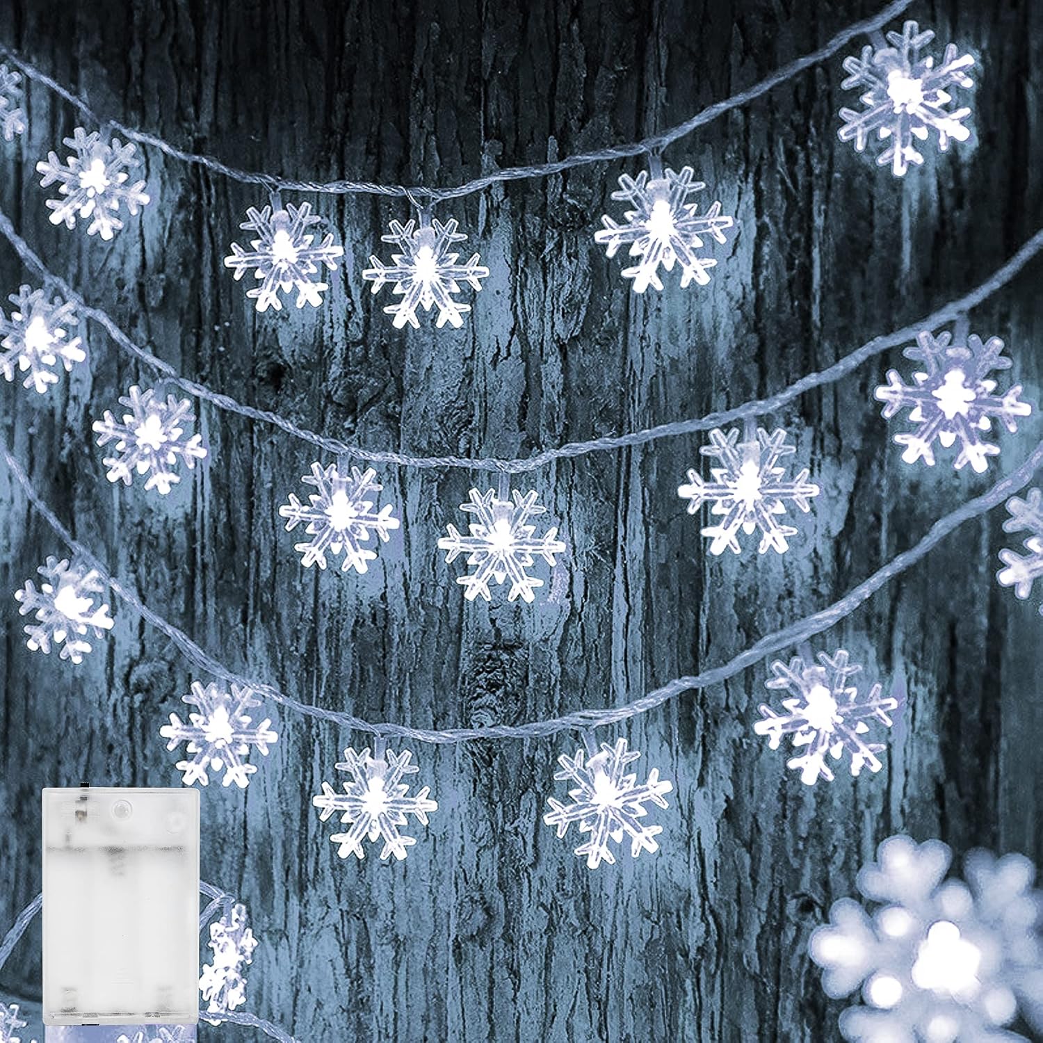 Dazzle Bright Christmas Snowflake String Lights, 2 Pack 50 LED 25 FT Battery Operated Christmas Lights with 2 Lighting Modes for Indoor Outdoor Xmas Tree Party Decorations, White