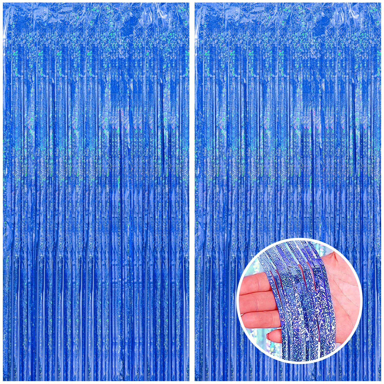 CANREVEL 2 Pack 3.3x8.2 Feet Blue Foil Fringe Backdrop Curtains, Glitter Tinsel Streamers Birthday Party Decorations, Fringe Backdrop for Birthday