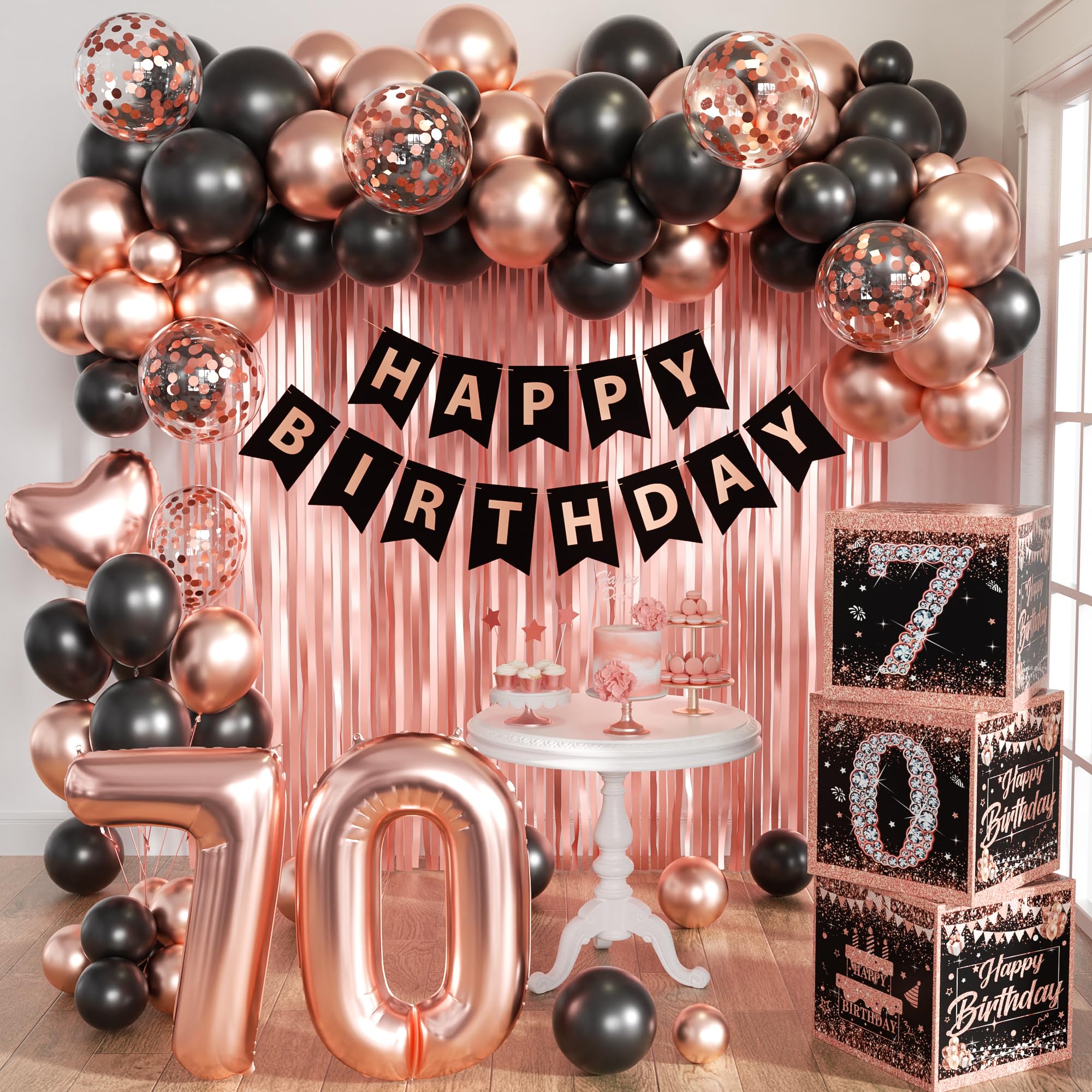 Rose Gold 70th Birthday Decorations for Women,birthday Decorations for Women Girls black and pink Balloon Boxes Birthday Party Favors
