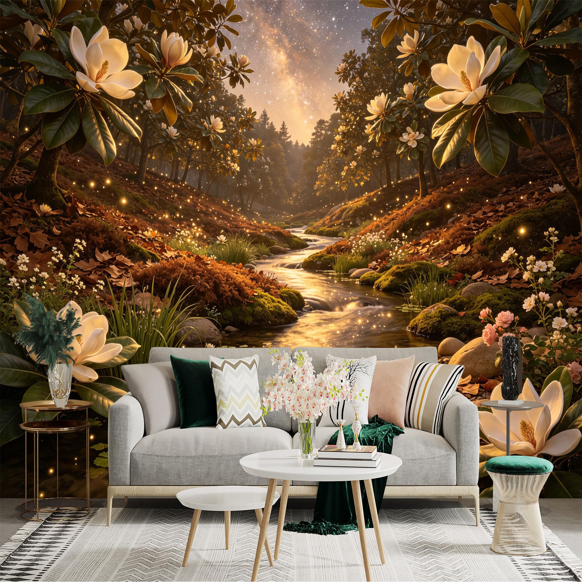 Lnzczhyre Bh260719763 Custom Size Wall Sticker Mural， Enchanted White Magnolia Garden， Shimmering River With Glowing Fireflies And Milky Way， For Wall Decoration， Peelandstick Wall Decals.