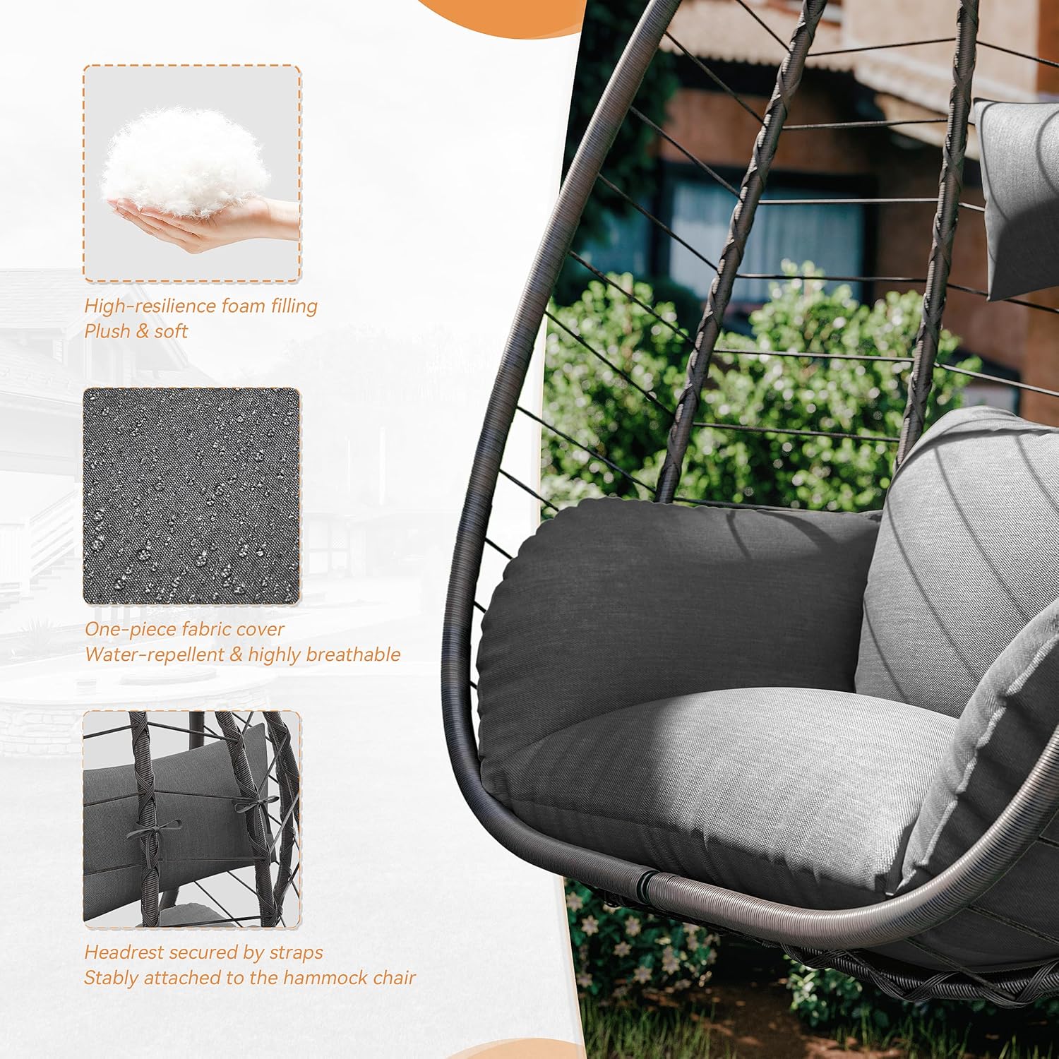 Outdoor Hanging Egg Chair with Stand,Patio Wicker Swing Egg Chair Hammock Chair with UV Resistant Cushion,All-Weather 485lbs Capacity for Bedroom,Balcony,Garden,Grey