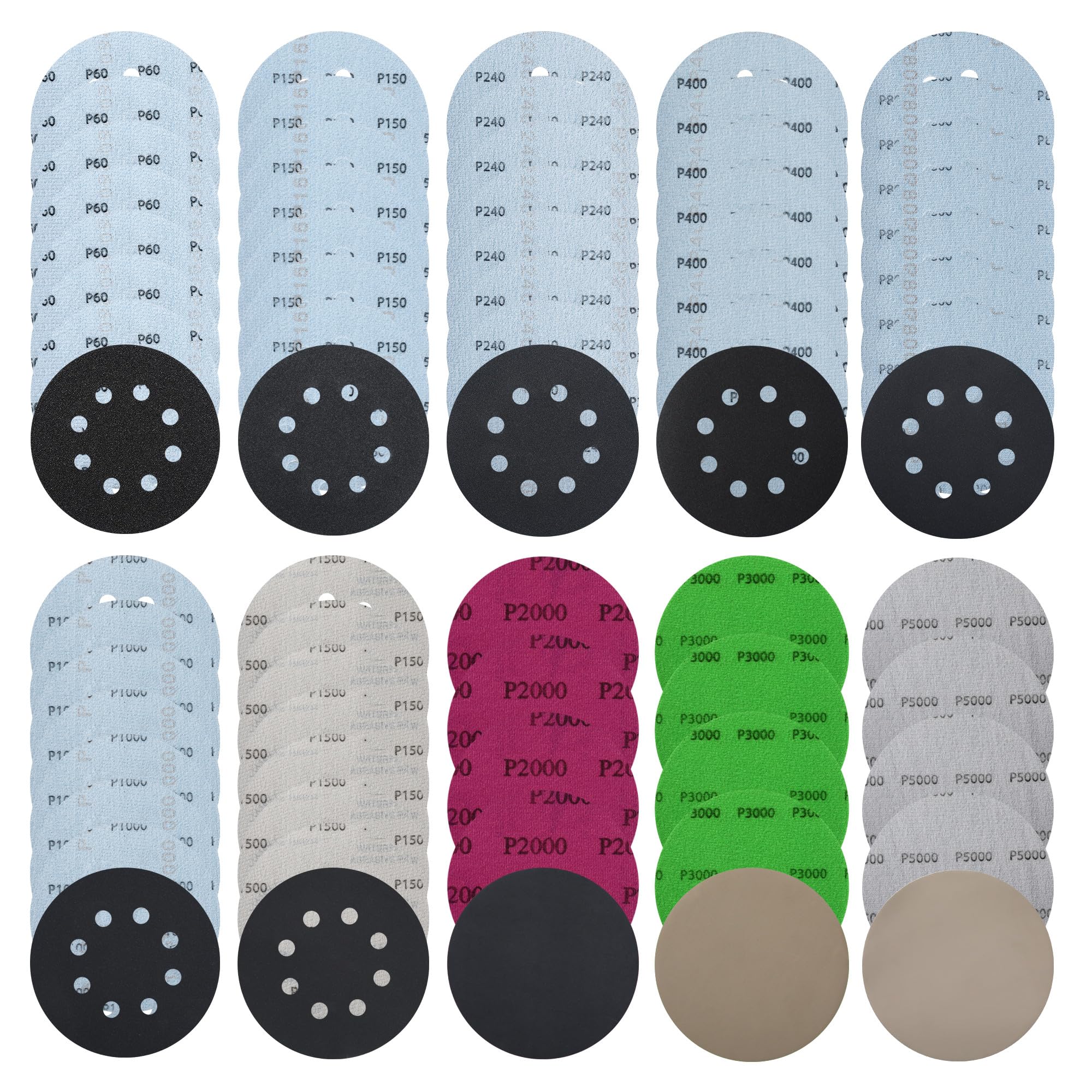 71 kawałków papieru ściernego zestawu na rzep 125 mm, mokre suche podkładki do szlifowania, 60/150/400/800/1500/2000/3000/5000 Ziarno, 8 otworów i bez dziury, dla 8 otworów mimośrodowe szlifierki