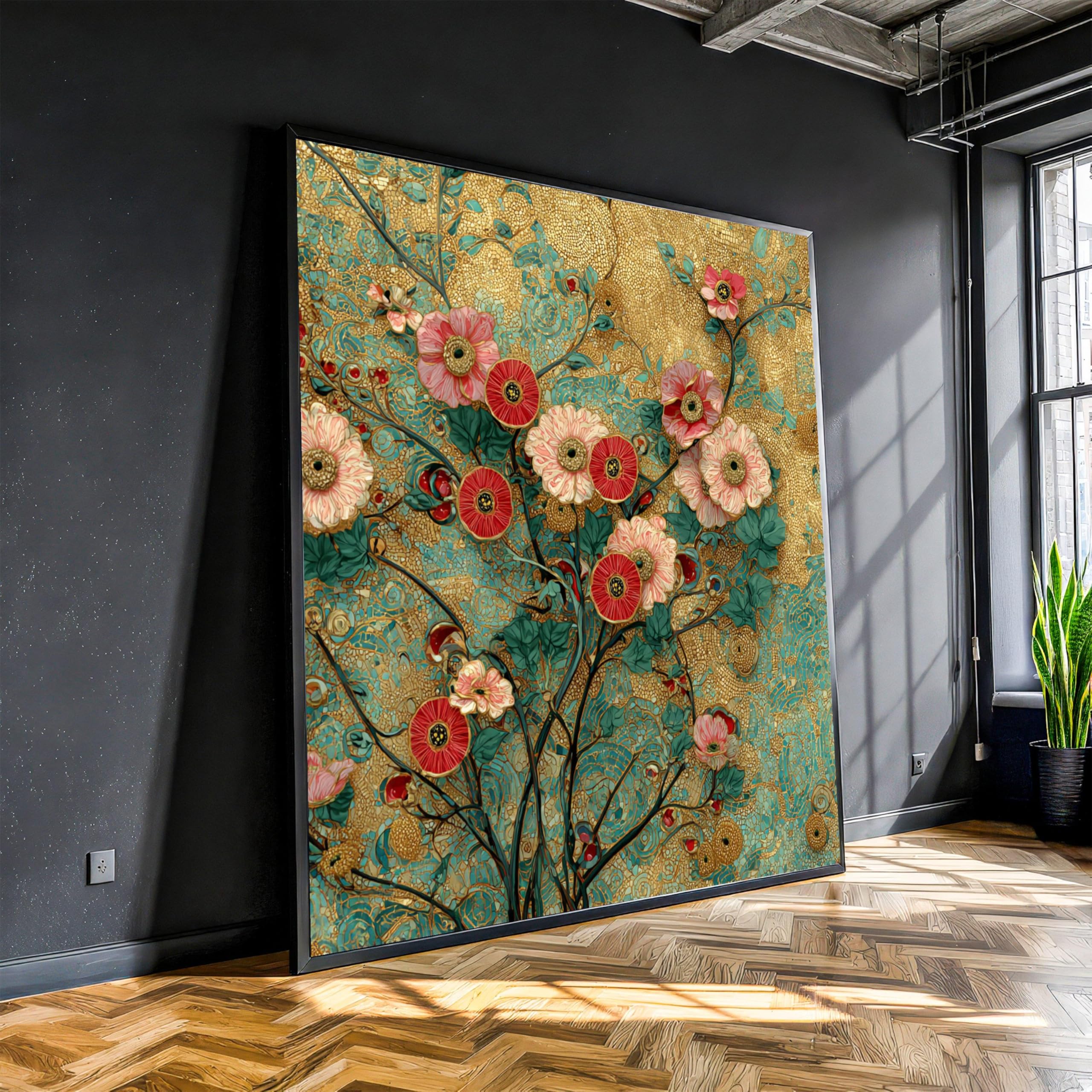 XINBAO Estetyczna kwiatowa sztuka ścienna na płótnie, złota mozaika, dekoracyjny obraz kwiatowy, płótno botaniczne, dekoracja domu obraz akcentujący (80 x 80 cm/bezramowy)