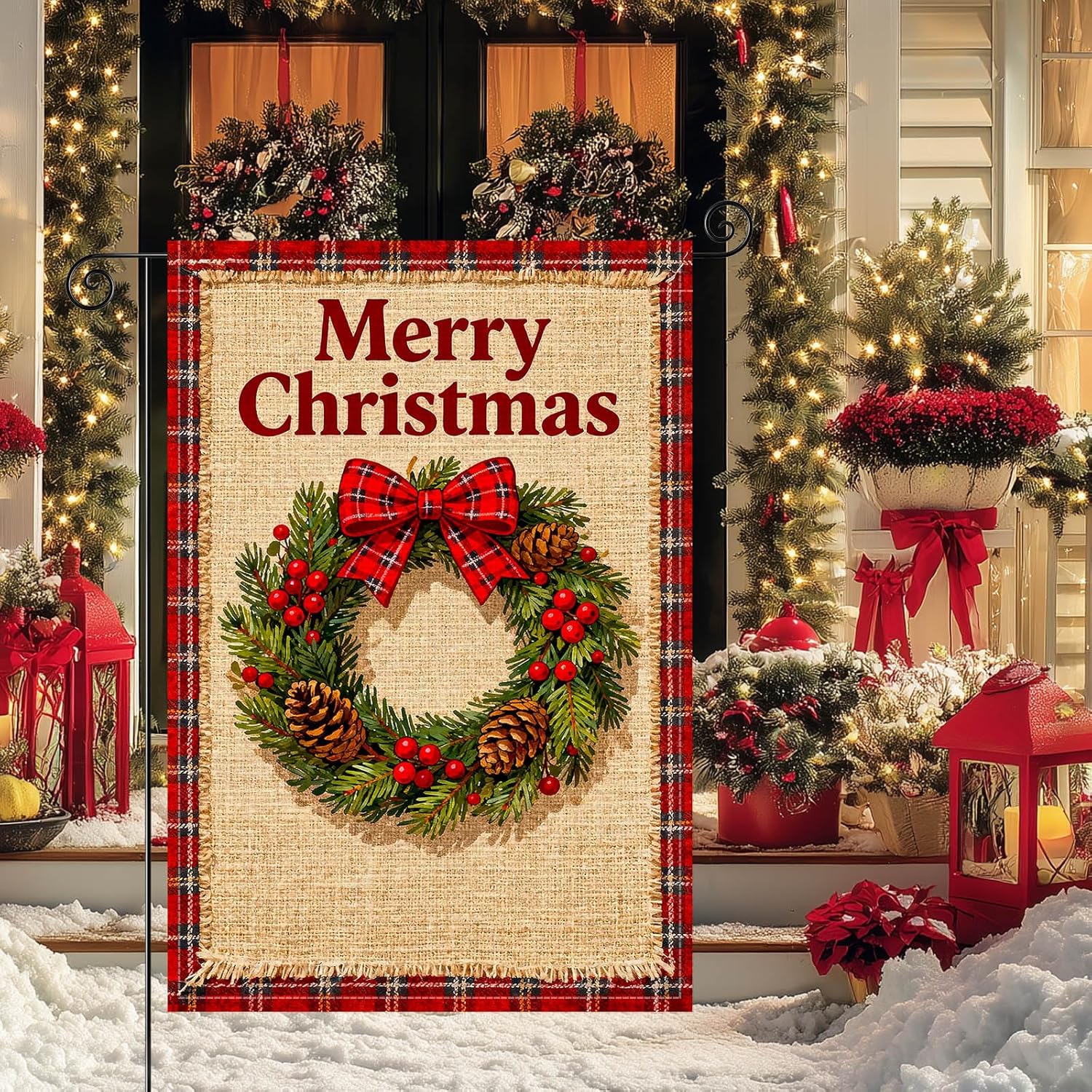 Merry Christmas Garden Flag Double Sided 12x18 Inch Burlap Winter Garden Flag With Red Plaid Bow Pinecones Berries Seasonal Flags Christmas Holiday Flags For Patio Lawn Decoration - Image 7