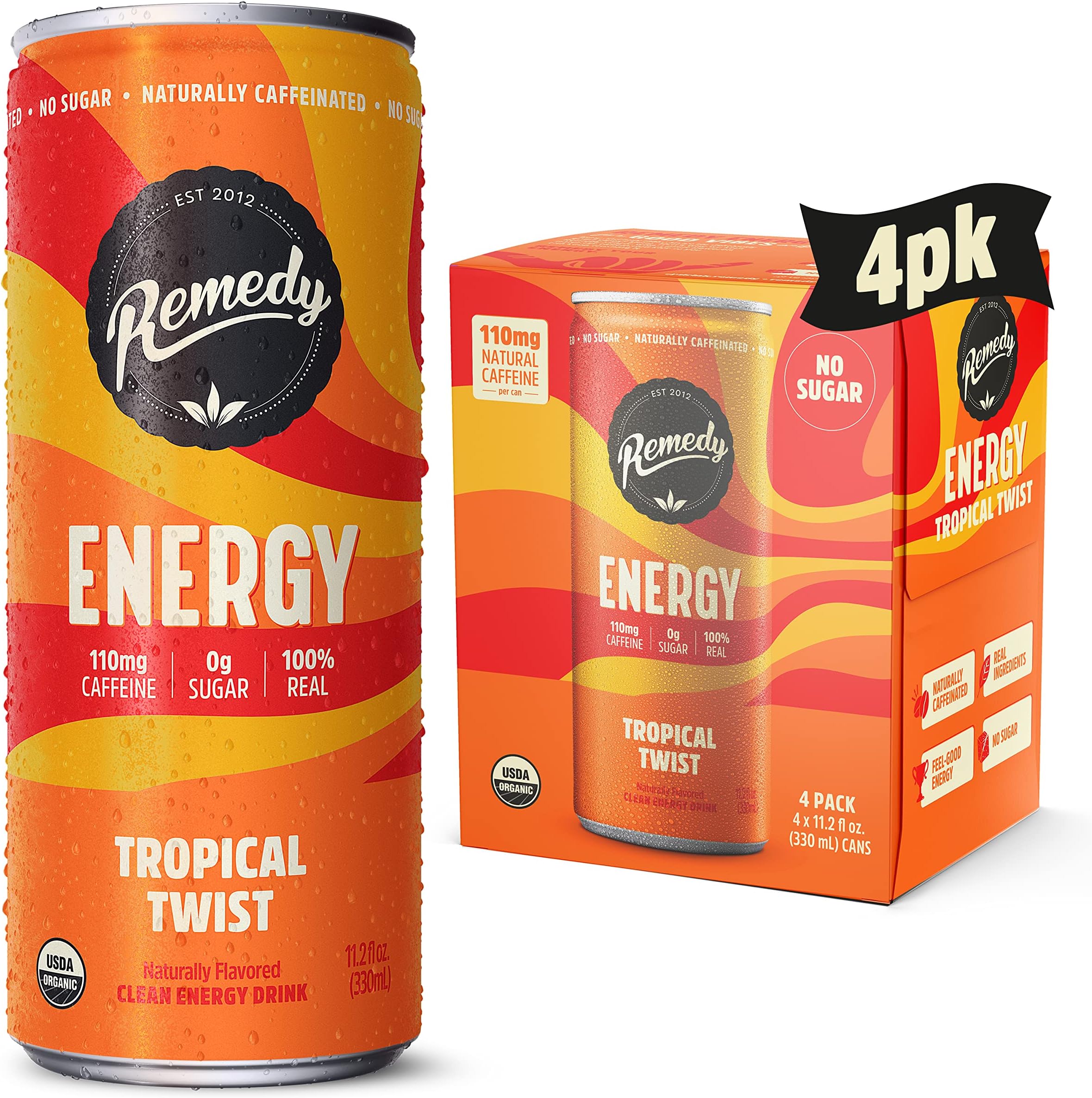 Remedy Energy Tropical Twist, Naturally Flavored, No Sugar, Vegan Friendly, Kosher, USDA Certified Organic, Gluten Free, 4 Count, 44.8 Fluid Ounce (Pack of 6)