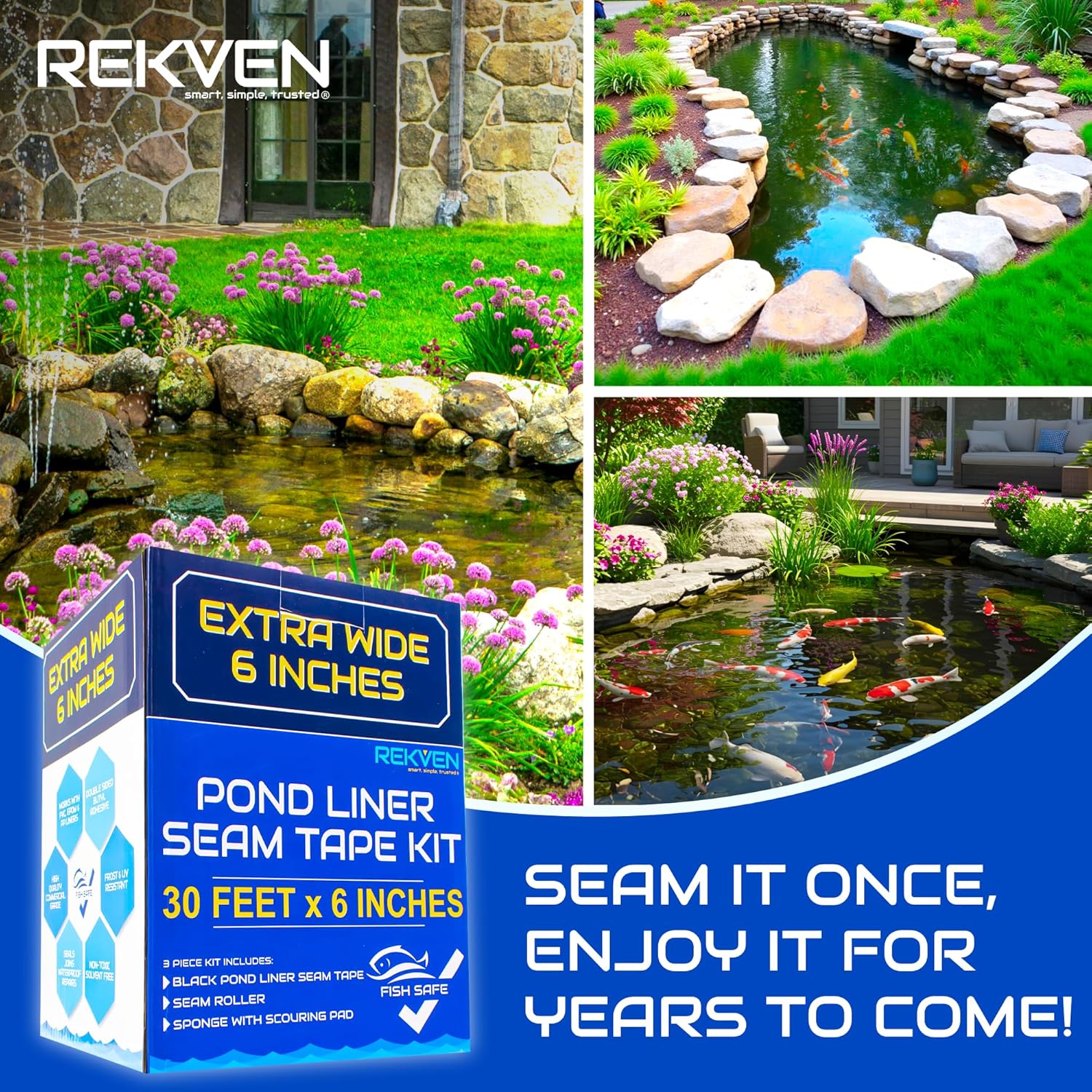 Pond Liner Seam Tape Kit - 30 Feet x 6 Inch - Double Sided Butyl Tape - Bond Seal or Repair EPDM PVC HDPE LDPE RPE LLDPE - Perfect for Small or Large Fish and Koi Ponds Waterfalls and Water Features