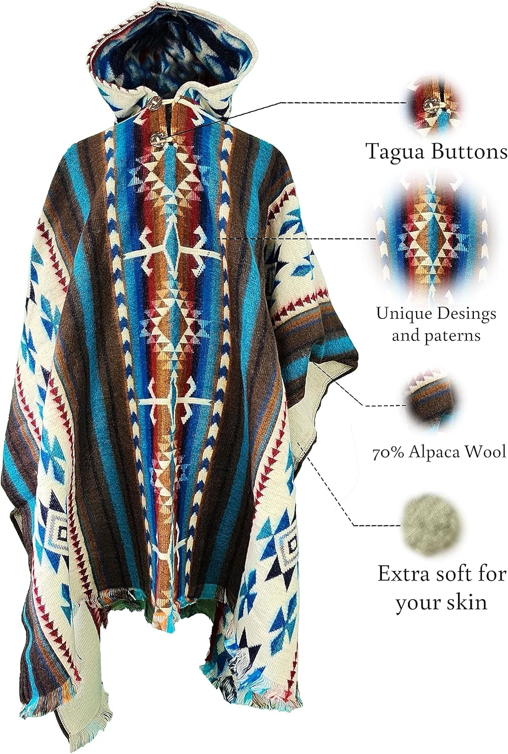 Alpaca Mens Poncho with Hood – Cowboy Serape Western Poncho - Clint Eastwood Poncho for Men - Ecuadorian Cloak with Hood Men - Image 5
