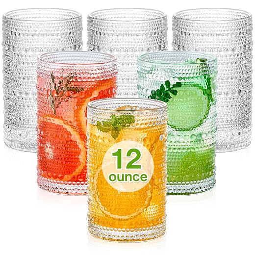 Mfacoy Large Vintage Hobnail Drinking Glasses Set of 6, 14 oz Cocktail Glasses,Highball Glasses, Embossed Glass Cups, Clear Water Tumbler, Glassware for Beer, Juice, Cocktail, Whiskey, Milk