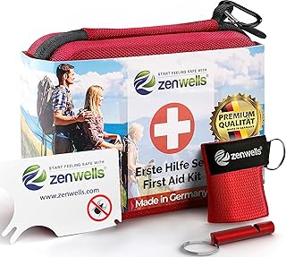 Zenwells® Erste-Hilfe-Set/First Aid Kit nach DIN 13167, wasserdicht & kompakt, ideal für Outdoor, Auto, Fahrrad & Reisen, inkl. Notfallzubehör & Hartschalenetui
