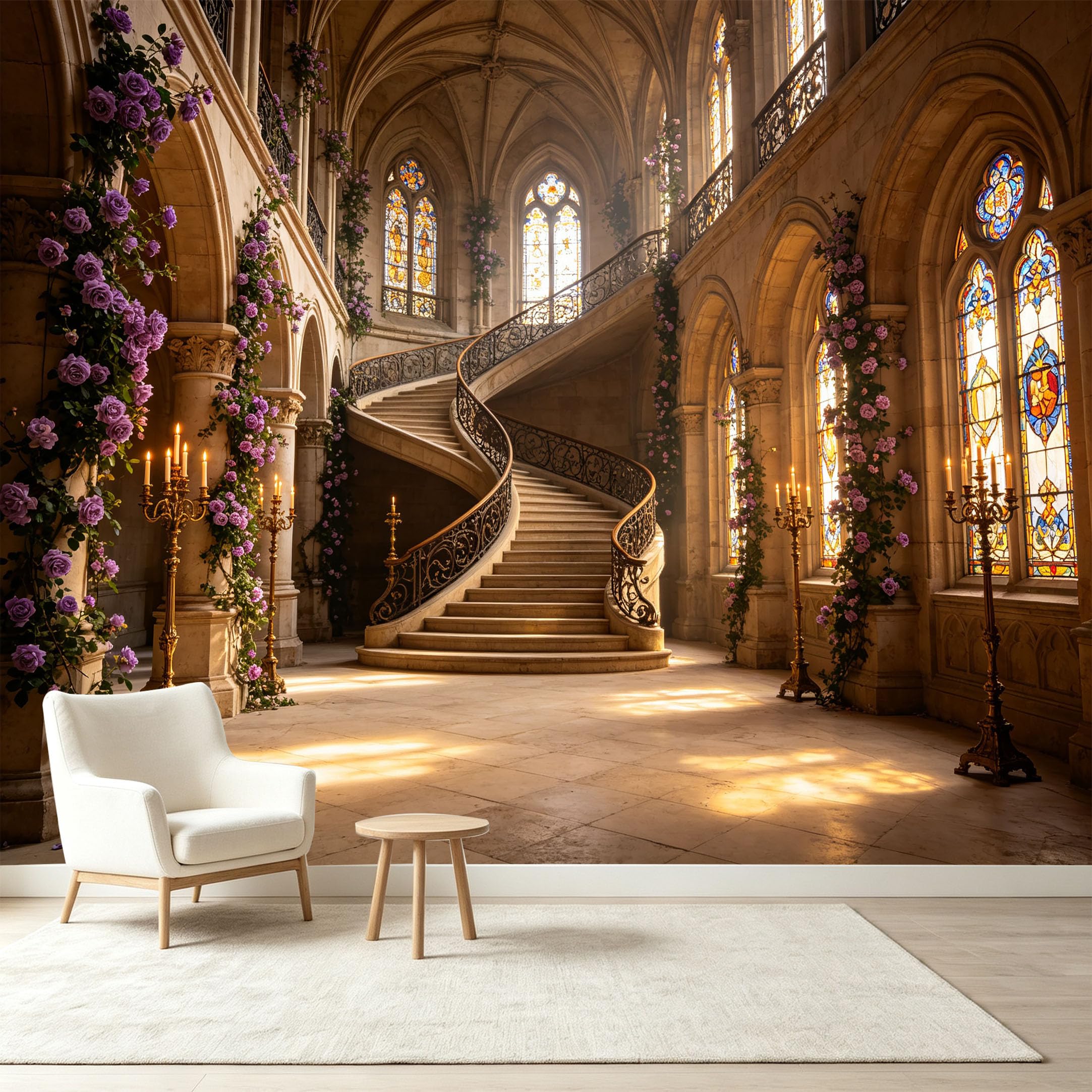 Custom Size Wall Murals Gothic Palace Interior Purple Roses Stained Glass Windows 3D Trompe L'Oeil Self-Adhesive Wall Fabric Removable Wallpaper Wall Decor for Living Room Bedroom Bathroom