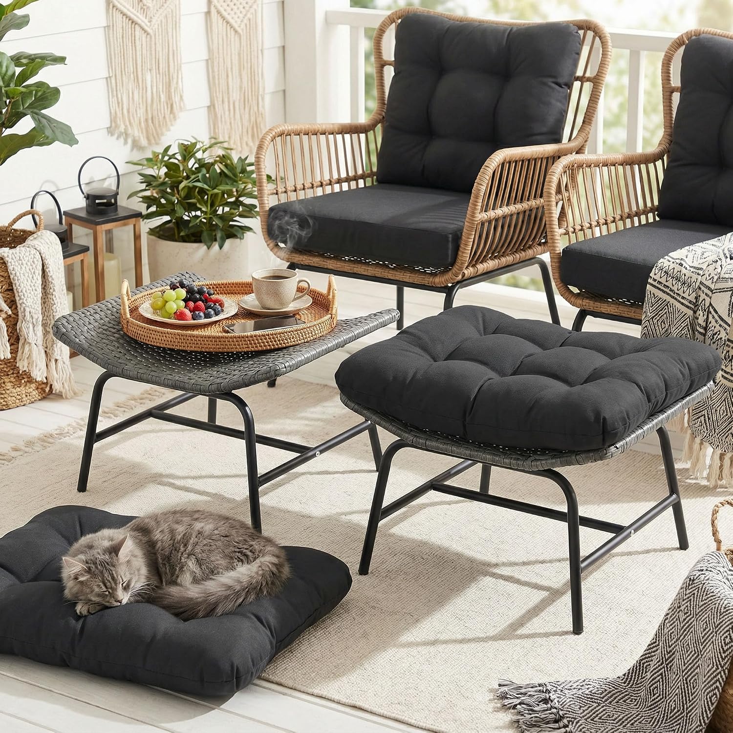 RADIATA Wicker Ottomans Set of 2, Outdoor Chair Footstool with Cushions, PE Rattan Ottoman for Patio Furniture, Detachable Metal Frame Foot Rest for Porch Living Room Bedroom Balcony Courtyard, Gray