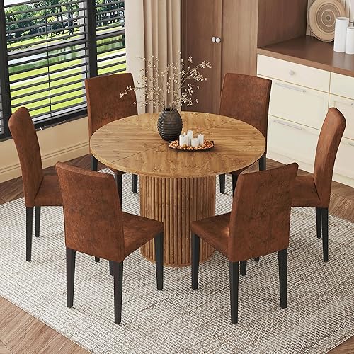 Miniatura 28 de Juego de mesa de comedor redonda para mesa de comedor de madera acanalada de 4,42 pulgadas para 4 con pedestal cilíndrico, juego de mesa y sillas de