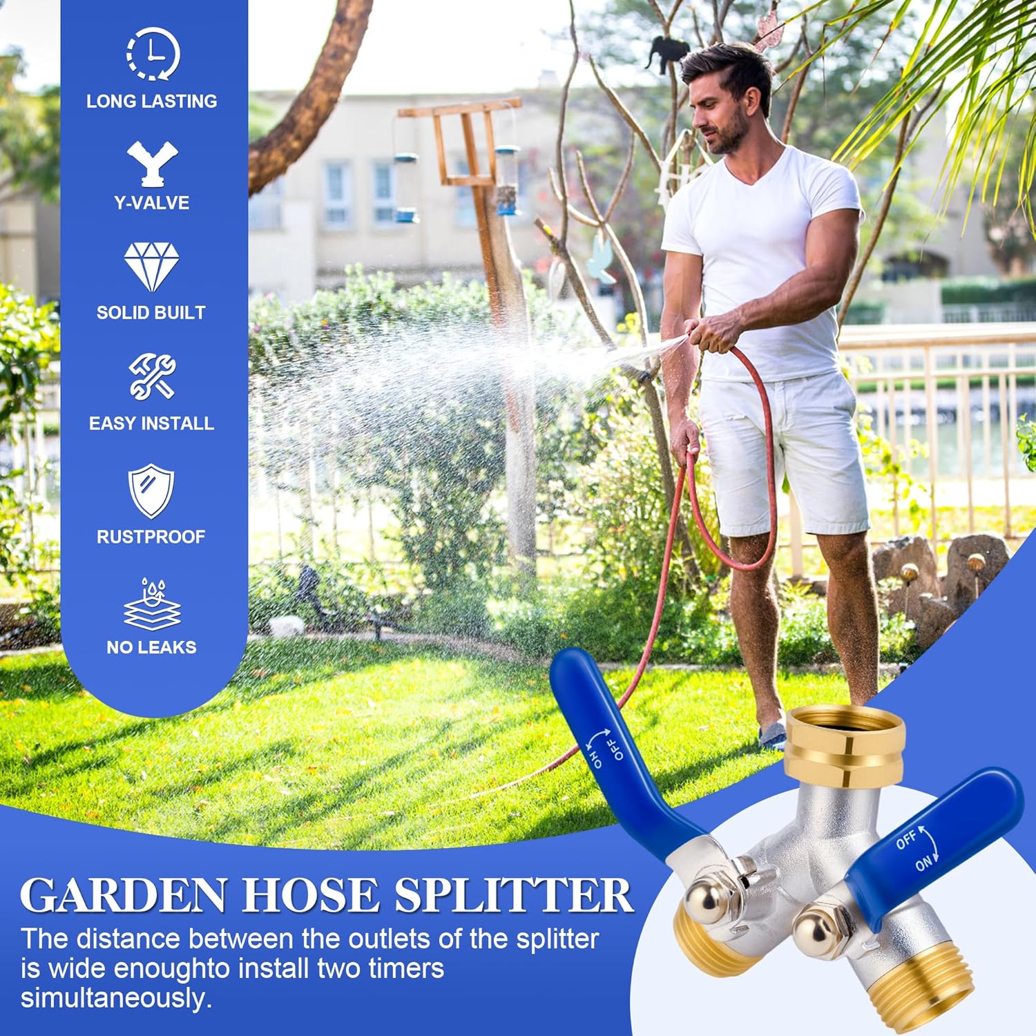 EJW Hose Splitter 2 Way, Garden Hose Splitters, Heavy Duty Faucet Splitter,Rv Brass Water Hose Y Splitter, Double Hose Connector, Spigot Splitter, Two Way Hose Manifold Valve 3/4 Inch GHT Thread.
