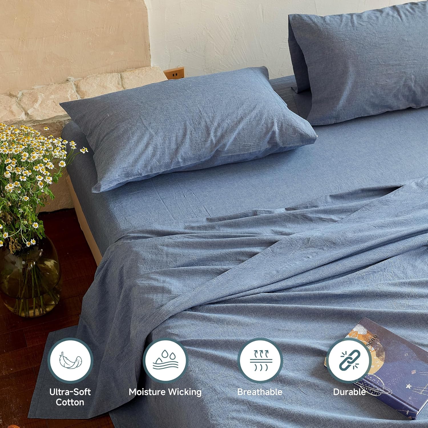 Cotton Flat Sheet Only King Size, 100% Stone Washed Cotton Linen Like Cooling Breathable Bed Sheet 1pc, Navy Blue