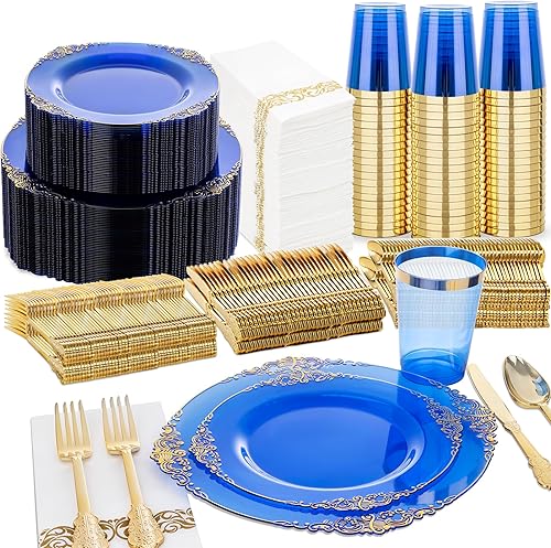 Nervure - 350 platos de plástico azul - Juegos de vajilla de plástico azul para 50 invitados - 100 platos desechables, 150 cubiertos dorados, 50