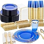 Nervure 350PCS Blue Plastic Plates - Blue Plastic Dinnerware Sets for 50 Guests - 100 Disposable Plates, 150 Gold Silverware, 50 Cups, 50 Napkins for Wedding & Party & Thanksgiving Day
