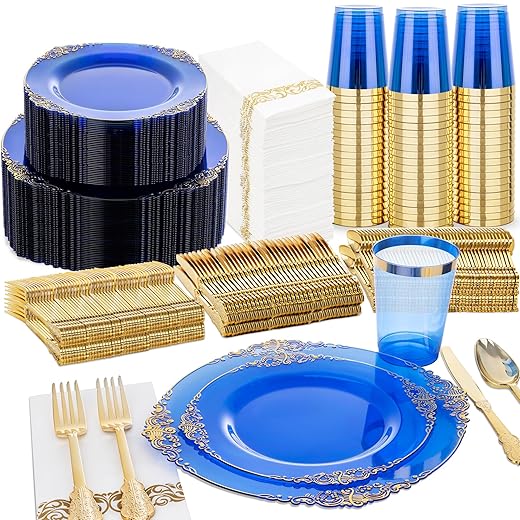 Nervure 350PCS Blue Plastic Plates - Blue Plastic Dinnerware Sets for 50 Guests - 100 Disposable Plates, 150 Gold Silverware, 50 Cups, 50 Napkins for Wedding & Party & Thanksgiving Day