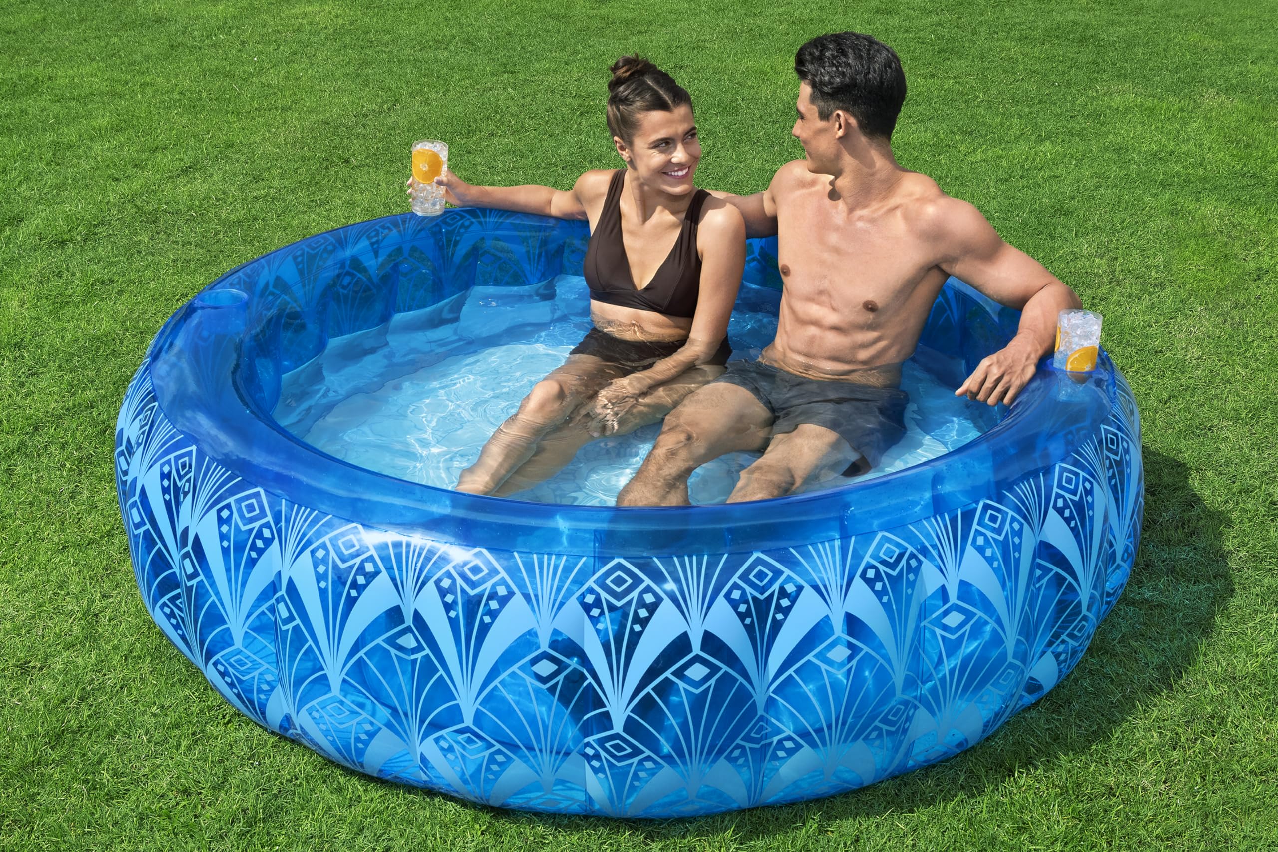 Bestway Family Pool Bohème, Ø 168 x 53 cm, 401 Liter, PVC, I-Beam-Konstruktion, Böhmisches Design, 2 Getränkehalter, Extrabreite Seitenwände, Schnellverschlussventil, Ab 6 Jahren