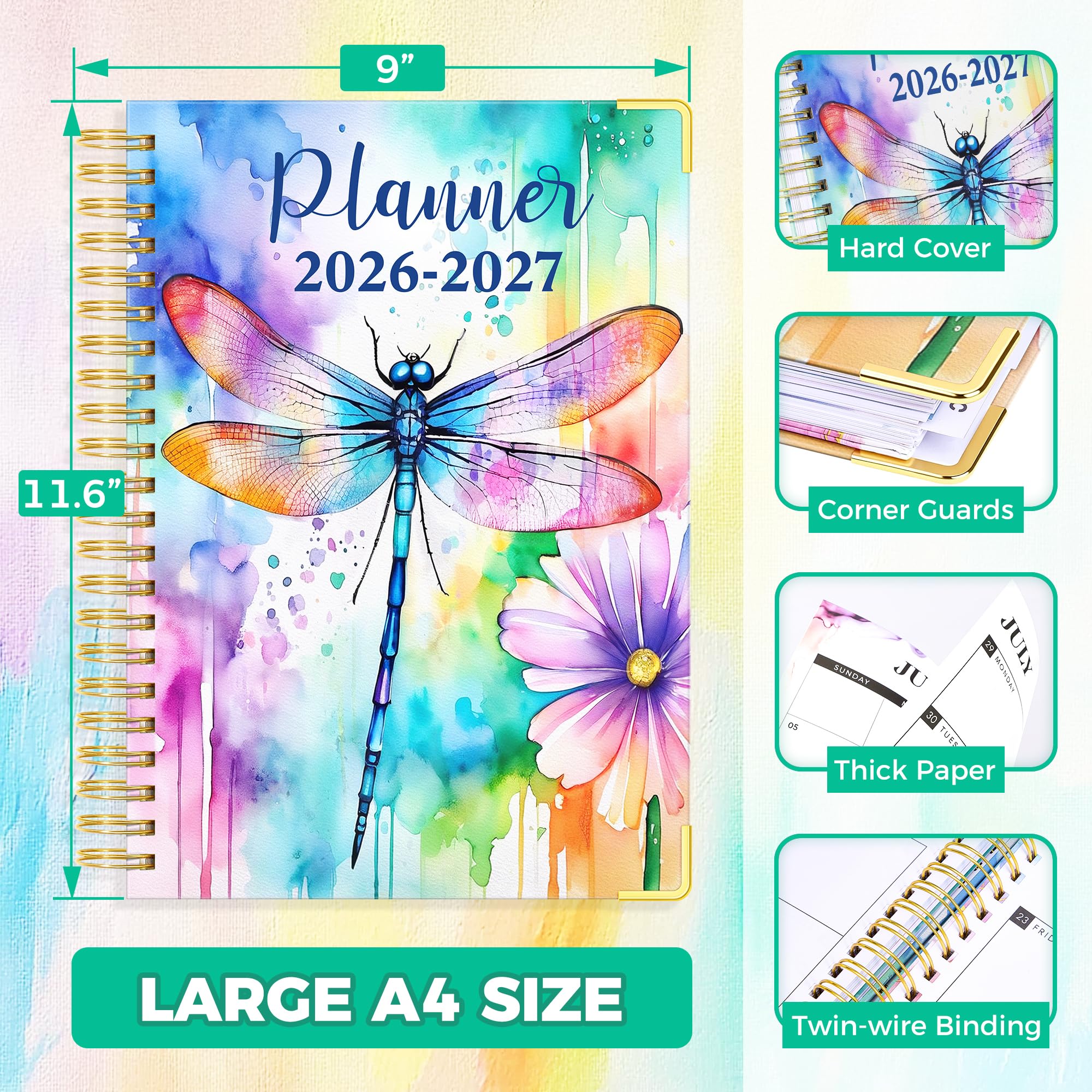 Planner 2026-2027, agenda settimanale e mensile 18 mesi, gennaio 2026 - giugno 2027, 22,9 x 29,5 cm, calendario con copertina rigida con linguette per pagina, pagina separatore, tasca interna