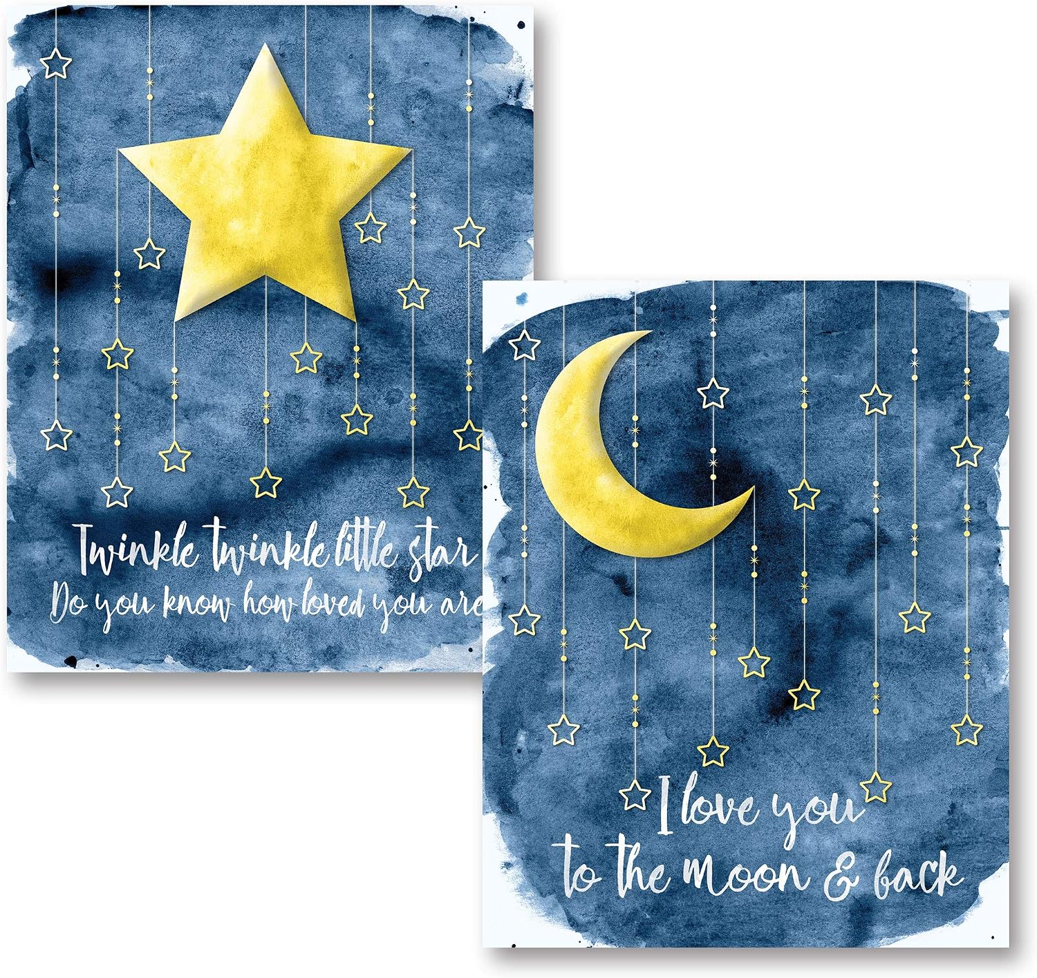 Gango Home Décor Blue and Yellow I Love You To The Moon and Back and Twinkle Twinkle Little Star, Perfect For a Child's Room or Nursery; Two 11x14in Unframed Paper Posters