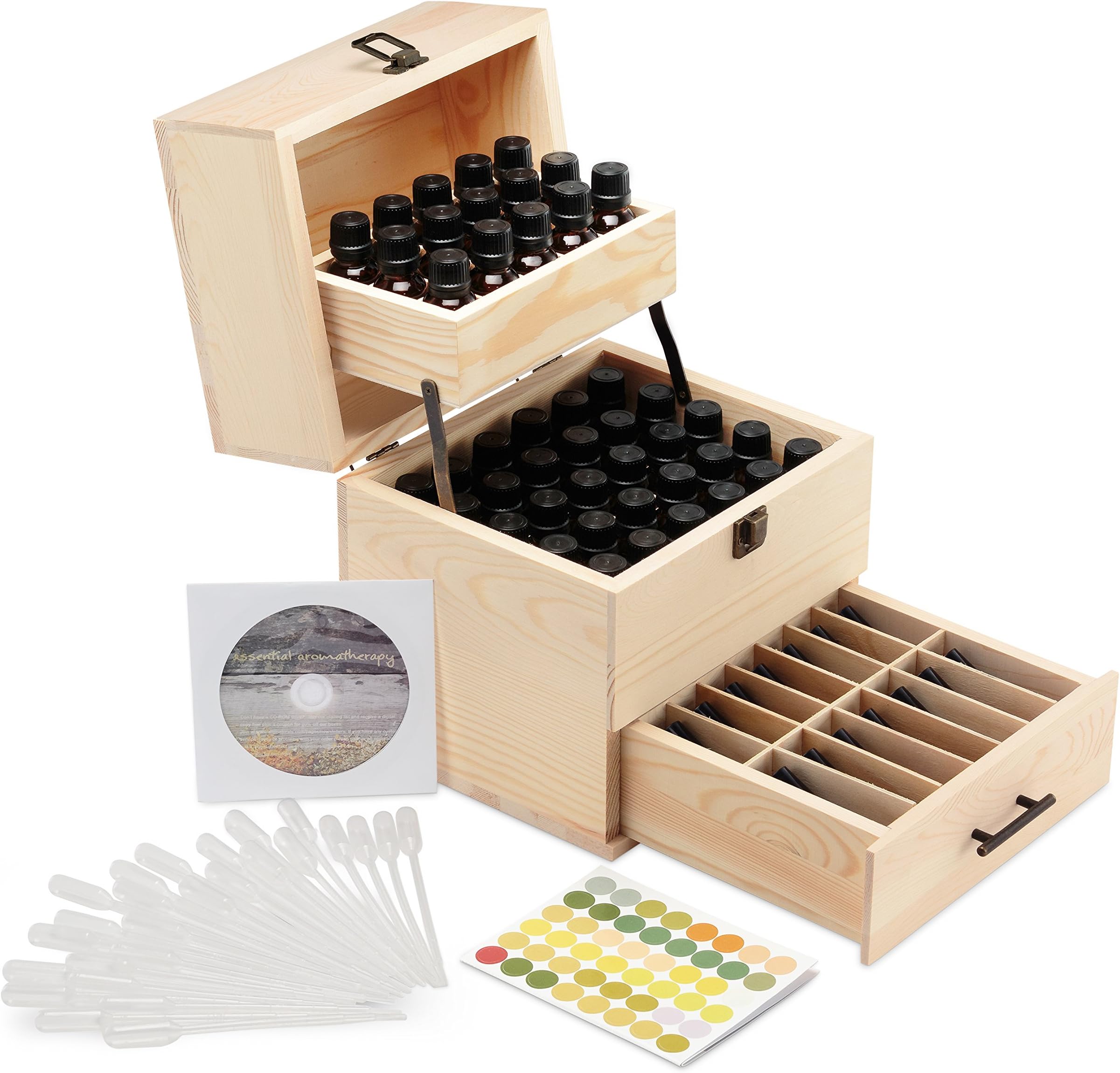 Essential Oils Wooden Storage Case Holds Up to 59 Bottles - Large Capacity 3 Tier Box - Bonus Color-Coded Bottle Cap Stickers, 25 Pipettes, and Aromatherapy EBook CD