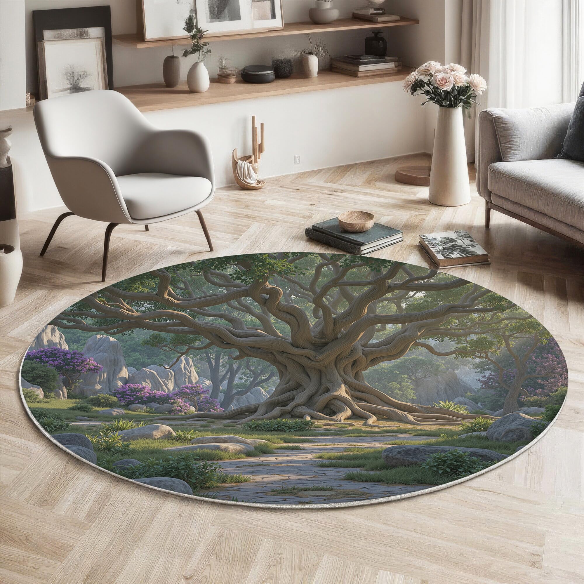 Tapis lavable en machine Ø120cm motif forêt résout le problème des taches