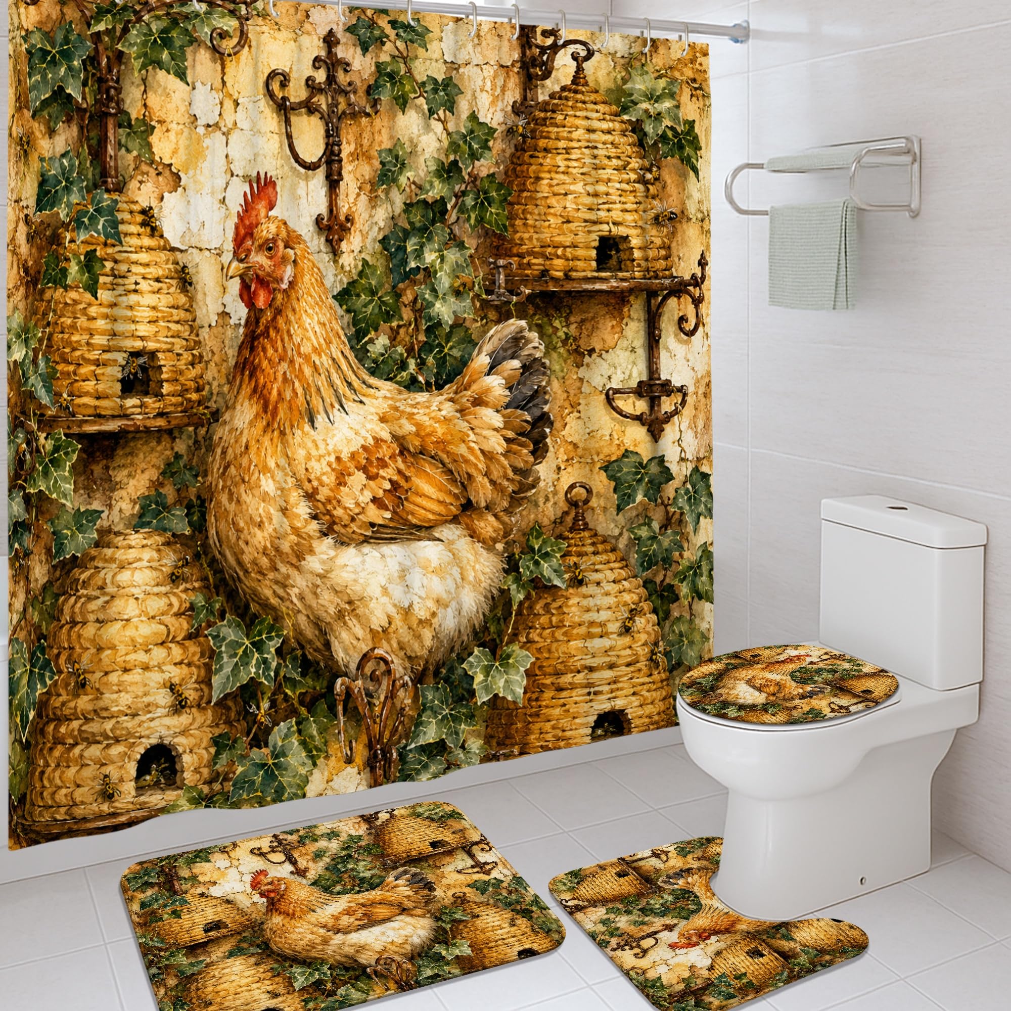 Rideau de douche polyester motif coq ruche et lierre d'automne - 183 x 183 cm
