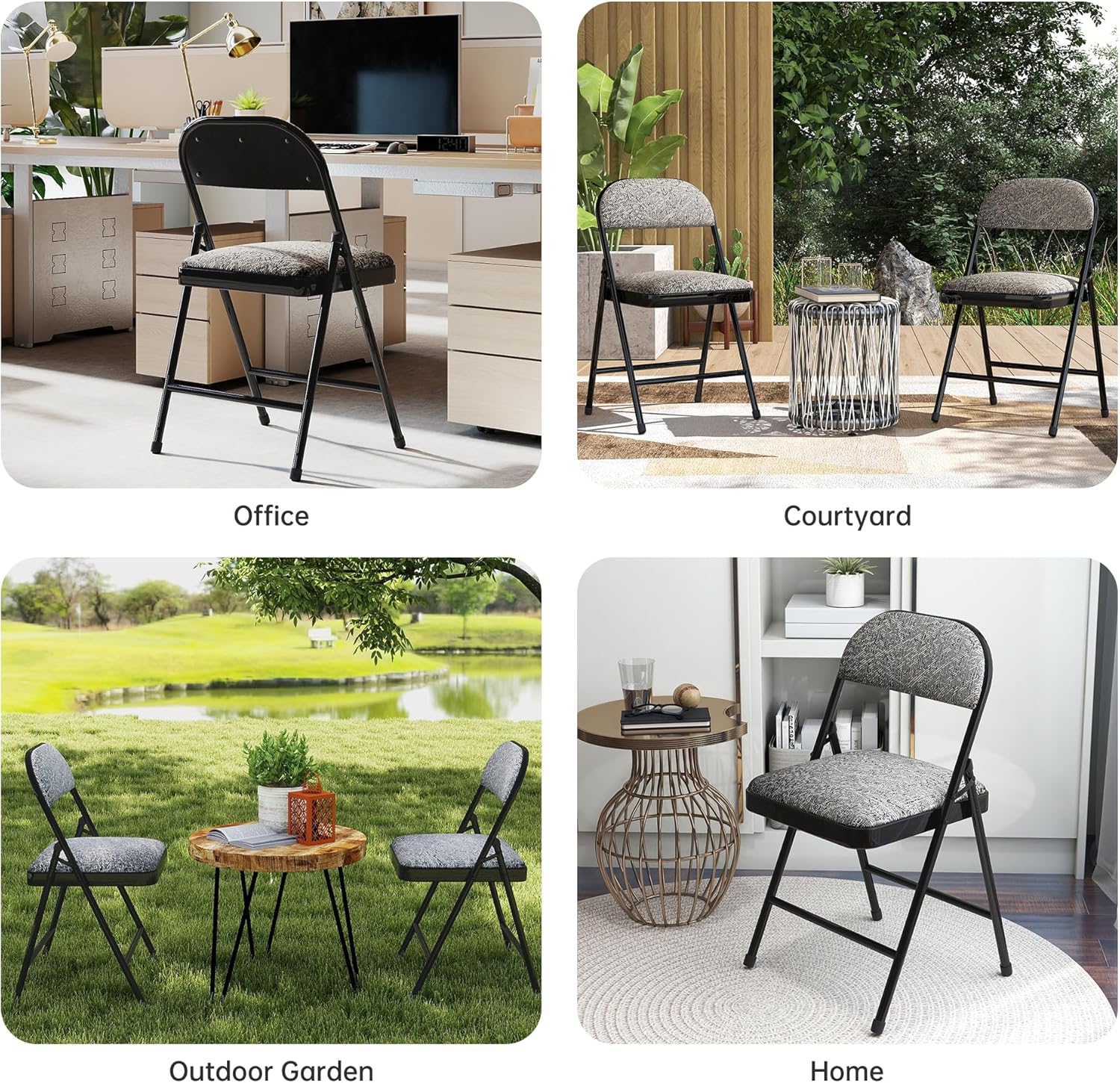 4 Pack Padded Cushion and Back Folding Chairs, Fabric Dining Chair Set with Steel Frame Metal for Home and Office, for Indoor and Outdoor Events, (Fabric Gray)