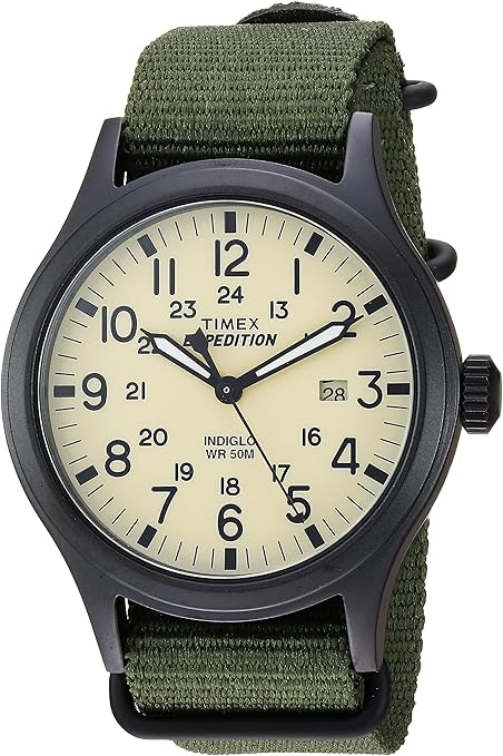 Timex Men's Expedition Scout 40mm Watch – Black Case & Dial with Olive Leather Slip-Thru Strap