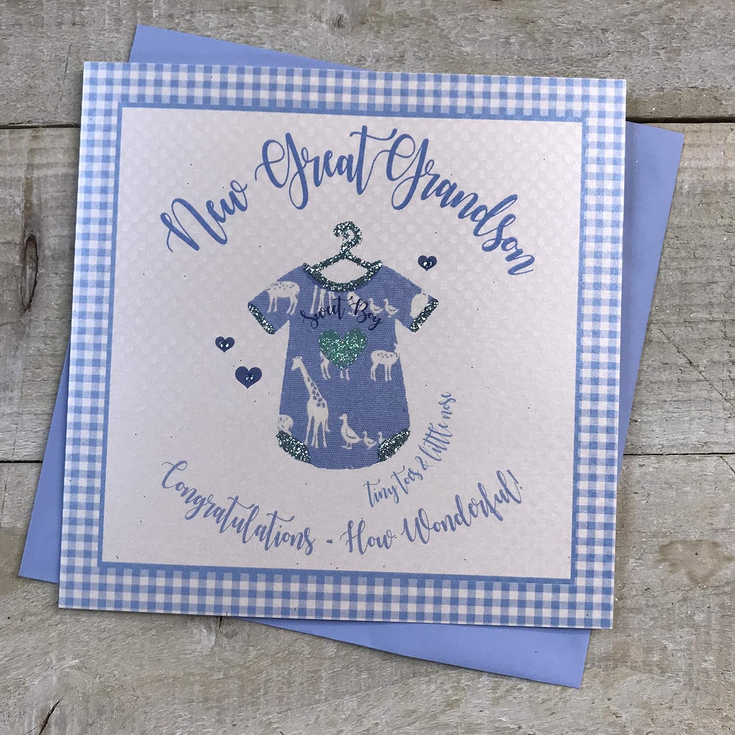 White Cotton Cards B-SS236 "New Great Grandson Congratulations How Wonderful!" Handmade Baby Card - Blue