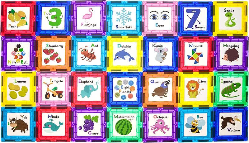 Magnetic Building Blocks with Tiles and Educational Artwork Graphic Click-in Inserts Magnet Construction Toy Set STEM Learning Kit Playset Child Brain Development PT56
