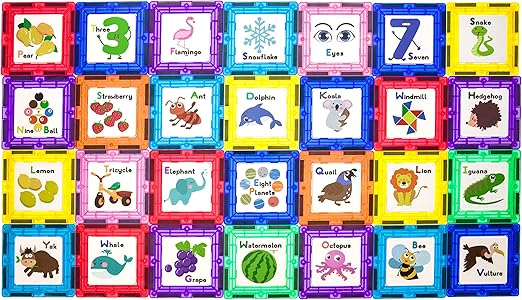 PicassoTiles Magnetic Building Blocks with Tiles and Educational Artwork Graphic Click-in Inserts Magnet Construction Toy Set STEM Learning Kit Playset Child Brain Development PT56