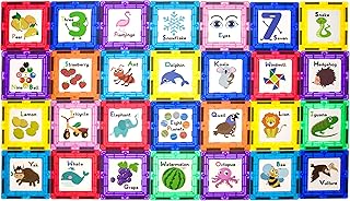 PicassoTiles 56 Piece Magnetic Building Blocks with 28pc Tiles and 28pc Educational Artwork Graphic Click-in Inserts Magnet Construction Toy Set STEM Learning Kit Playset Child Brain Development PT56