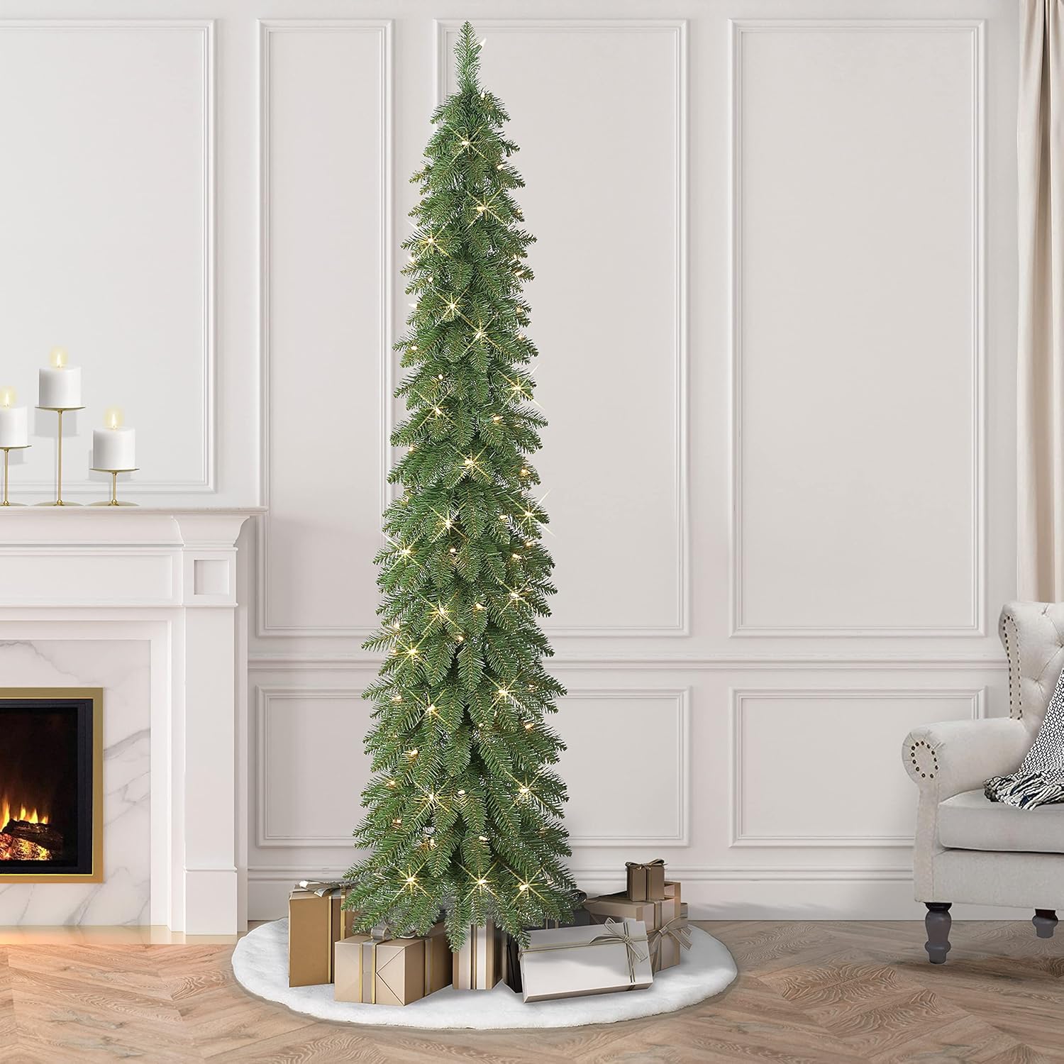 Puleo International 7 ft Pre-Lit Alpine Artificial Pencil Tree 318 Tips 150 Clear Lights