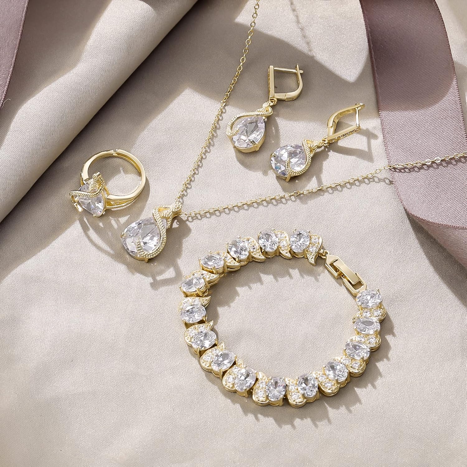 EVER FAITH Wedding Jewelry Set for Bride Bridesmaid, Glamour Teardrop Cubic Zirconia Pendant Necklace Earrings Tennis Bracelet Open Ring Sets for Birthday/Valentine's Day/Mother's Day/Christmas - Image 5