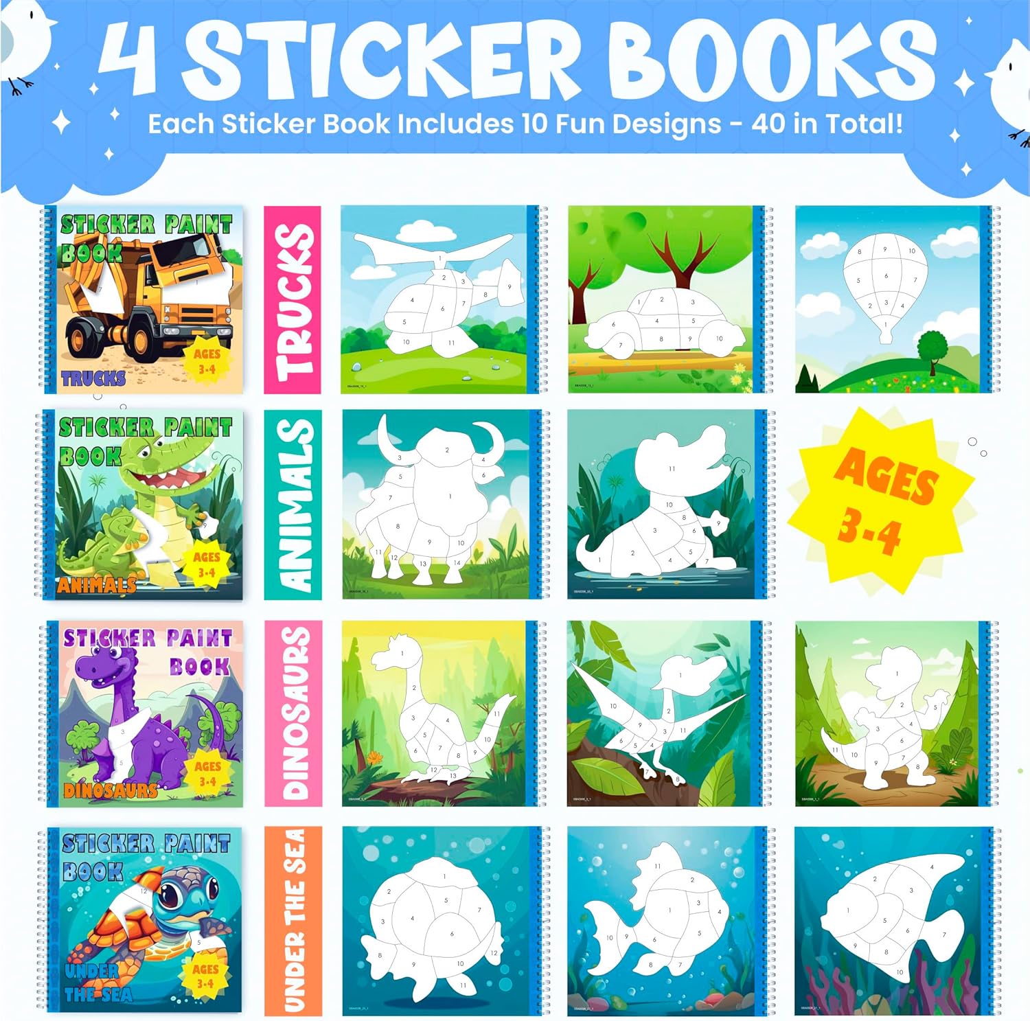 BulbaCraft 4Pcs Sticker Paint Books - Sticker Books by Number with Dinosaurs, Trucks, Animals and Under The Sea - Coloring Activity - Image 2