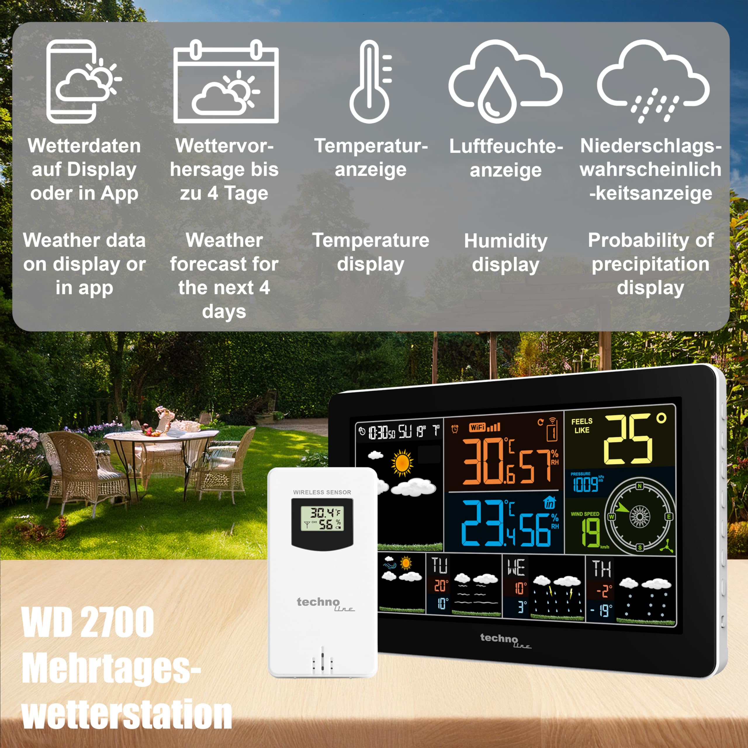 techno line WD2700 Wetterstation – Präzise Wettervorhersage mit Außentemperatur, Luftfeuchtigkeit, Uhrzeit & Windgeschwindigkeit | WLAN-fähig, App-kompatibel, 7 Wettericons, LCD-Farbdisplay