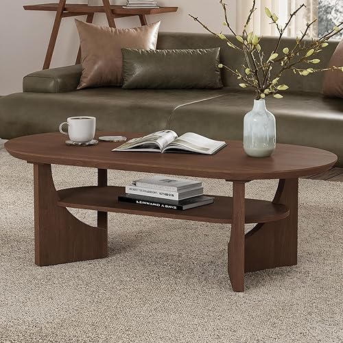 Mesa de centro moderna de mediados de siglo, mesas de centro ovaladas de madera de 47 pulgadas para sala de estar, mesa central redonda curvada de 2